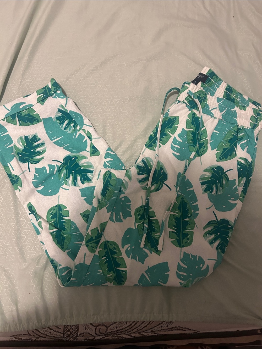 J. Crew White Linen pants with Green Tropical Leaf Print